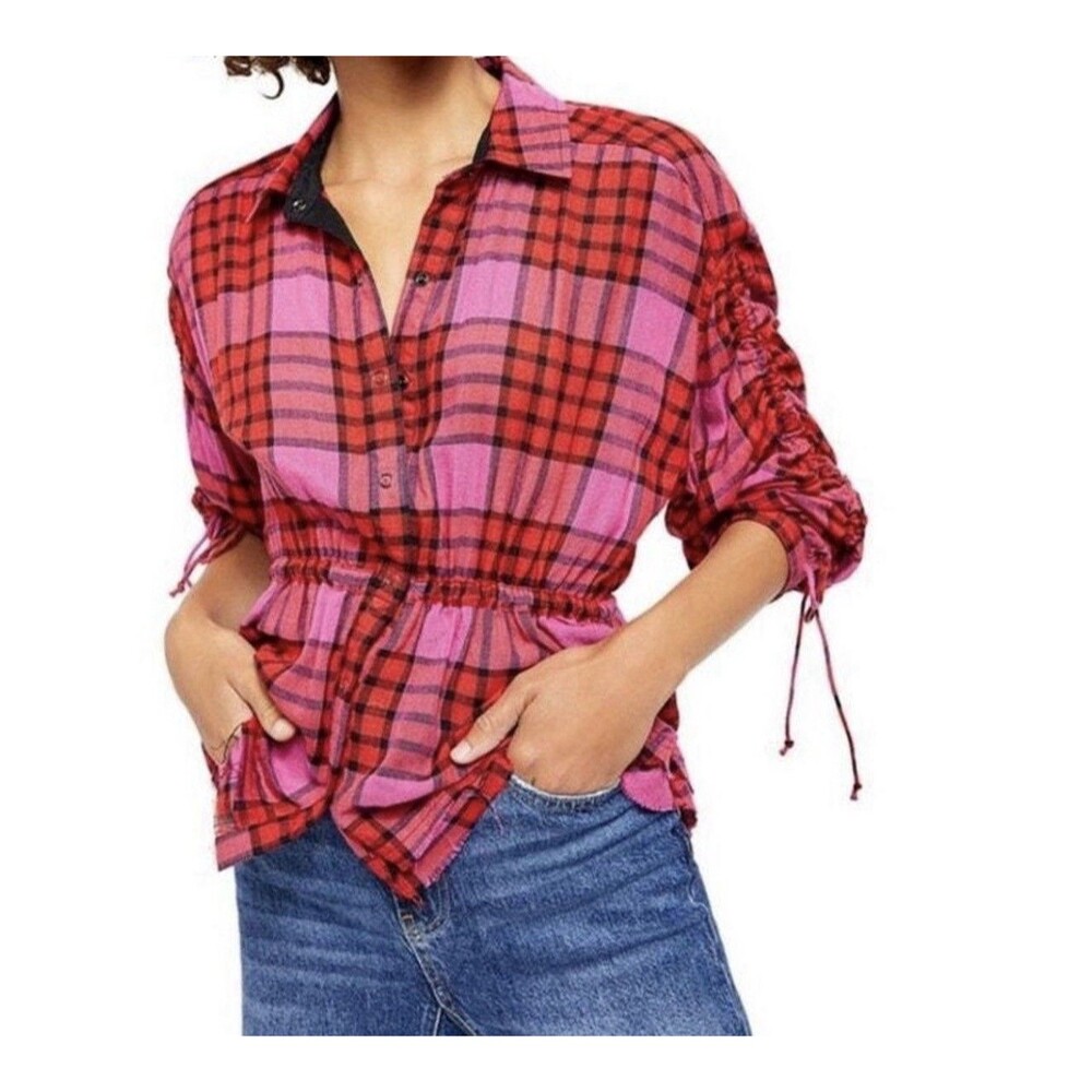 Free People We The Free Pacific Dawn Plaid Shirt Red Combo Size XS